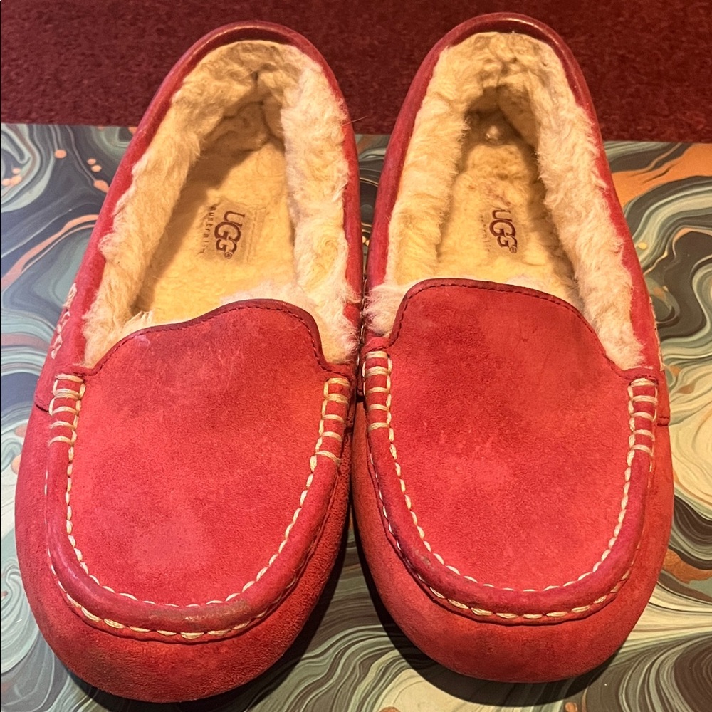 UGG Red Suede Slippers with Plush Cream Interior